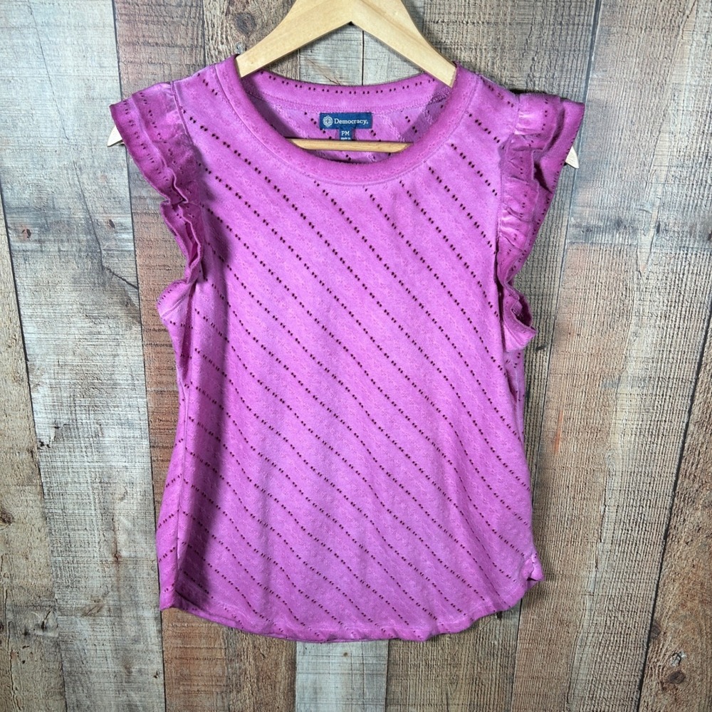 Democracy Pink Purple Ruffle Cap Sleeve Eyelet Knit Top PM Petite M Boho